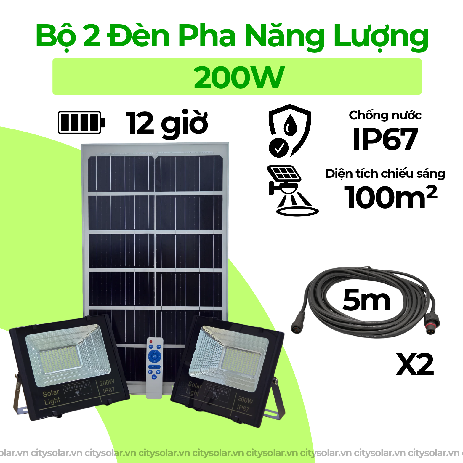 Bộ 2 Đèn Pha Năng Lượng Mặt Trời 200W + 1 Tấm Pin + Dây Nối 10 Mét